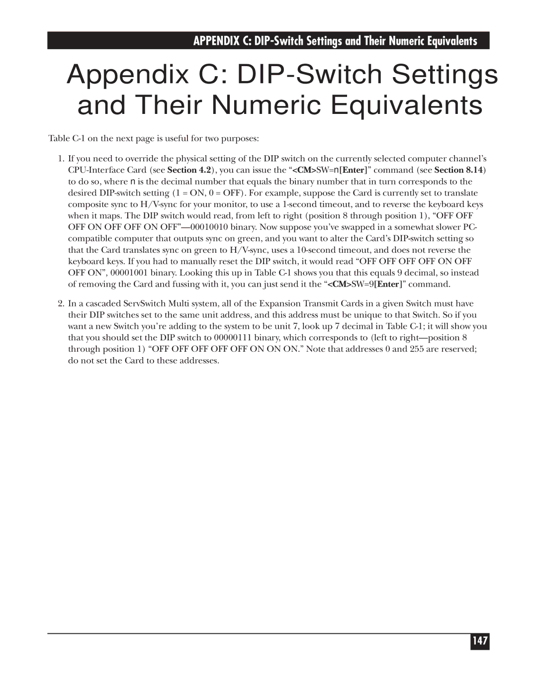 Black Box KV150A-R2 manual Appendix C DIP-Switch Settings and Their Numeric Equivalents 