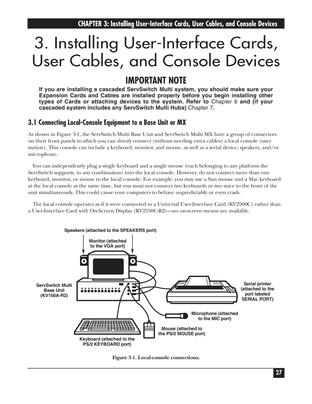 Black Box KV150A-R2 manual Connecting Local-Console Equipment to a Base Unit or MX, Local-console connections 