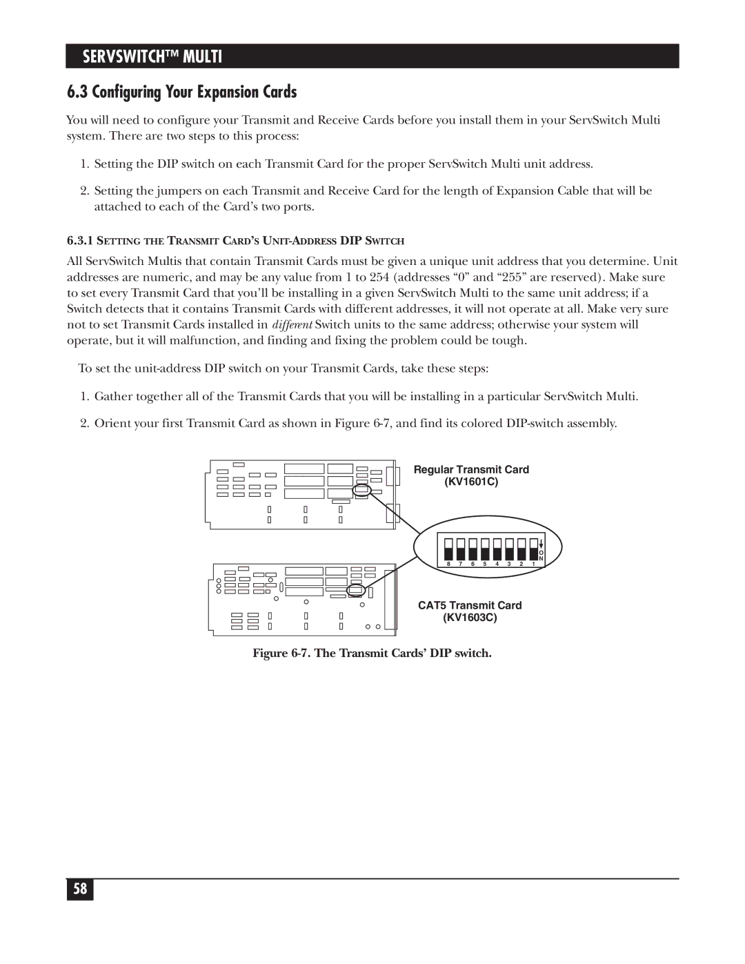 Black Box KV150A-R2 manual Configuring Your Expansion Cards, Transmit Cards’ DIP switch 