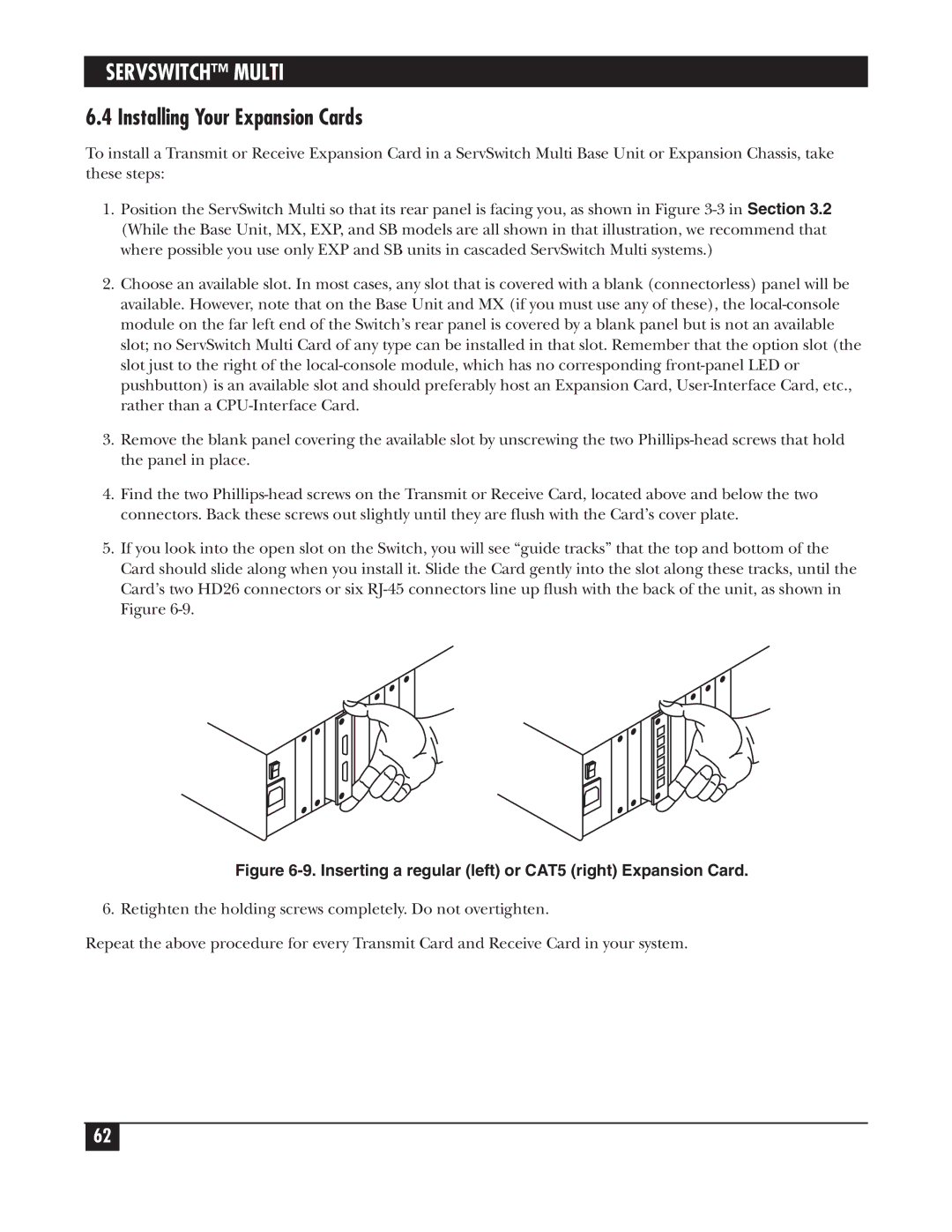 Black Box KV150A-R2 manual Installing Your Expansion Cards, Inserting a regular left or CAT5 right Expansion Card 