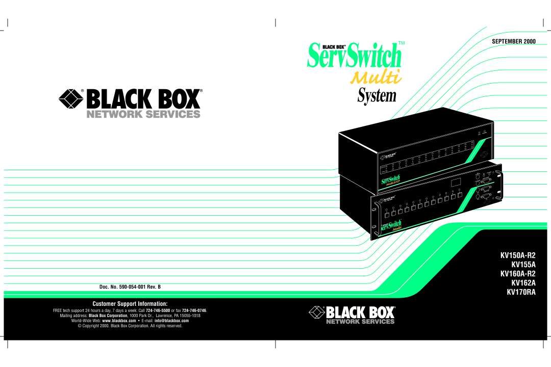 Black Box manual Doc. No. 590-054-001 Rev. B, System, KV150A-R2 KV155A KV160A-R2 KV162A KV170RA, September 