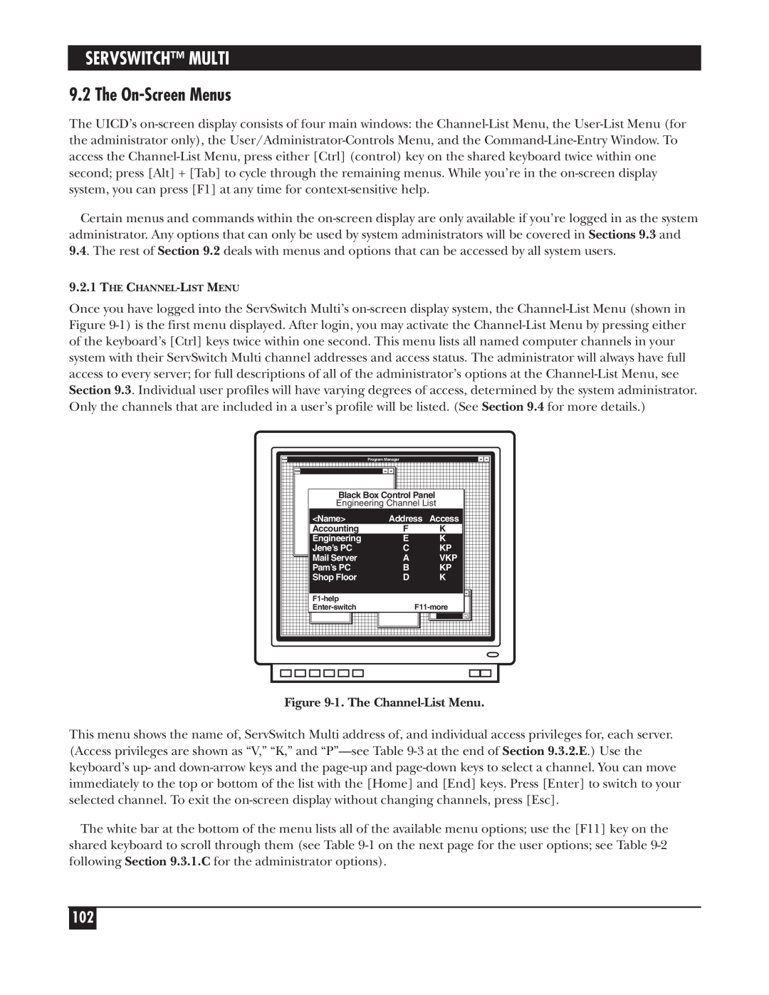 Black Box KV162A manual The On-Screen Menus, Servswitch Multi, 1. The Channel-List Menu 