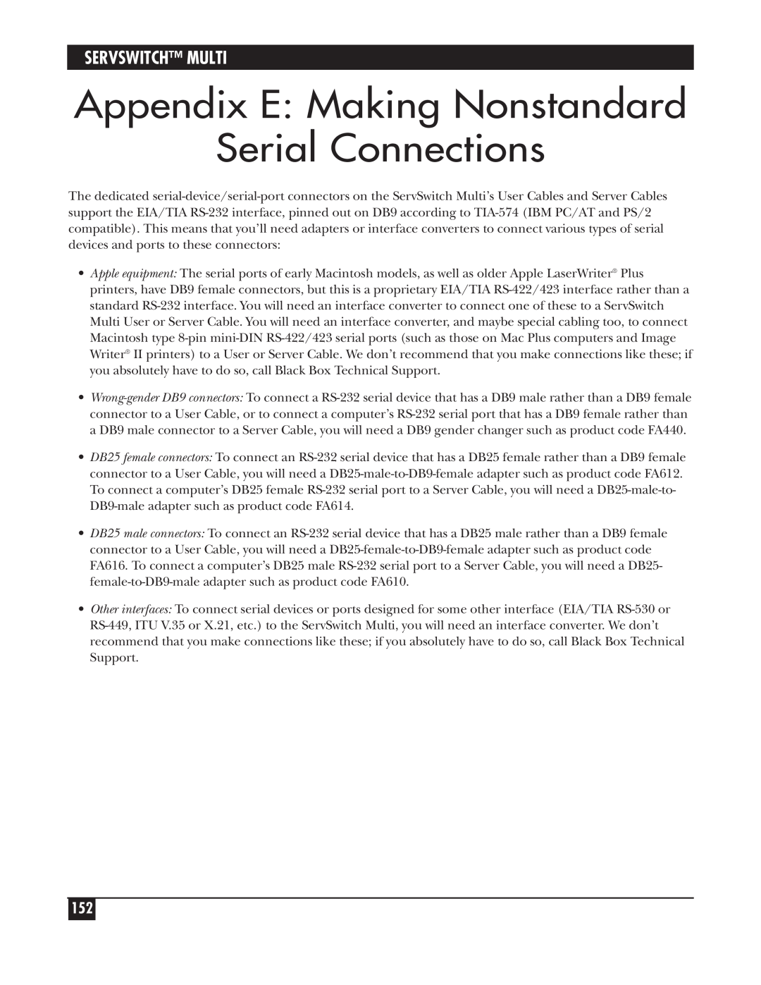 Black Box KV162A manual Appendix E Making Nonstandard Serial Connections, Servswitch Multi 