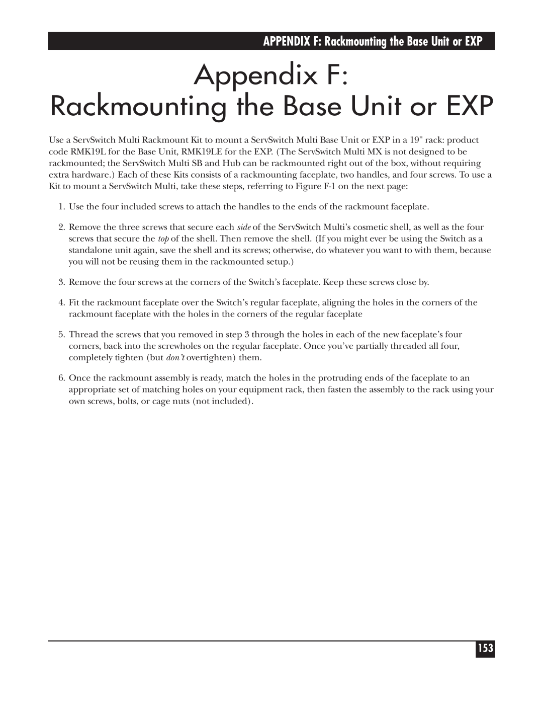 Black Box KV162A manual Appendix F Rackmounting the Base Unit or EXP, APPENDIX F Rackmounting the Base Unit or EXP 