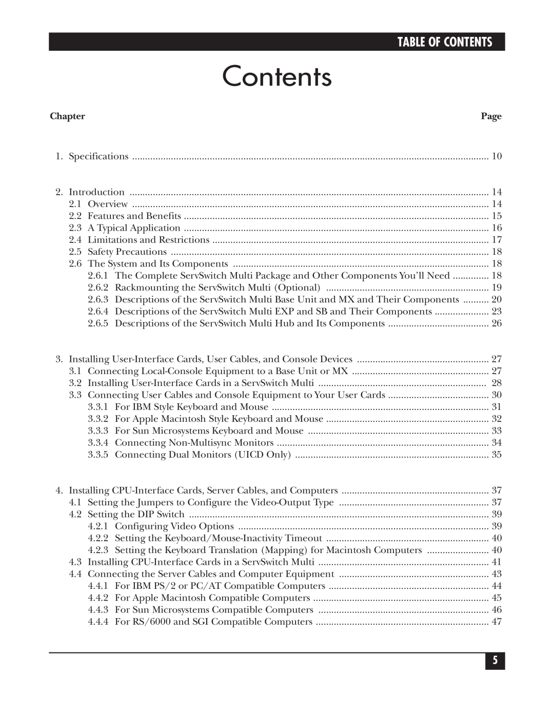 Black Box KV162A manual Contents, Chapter 