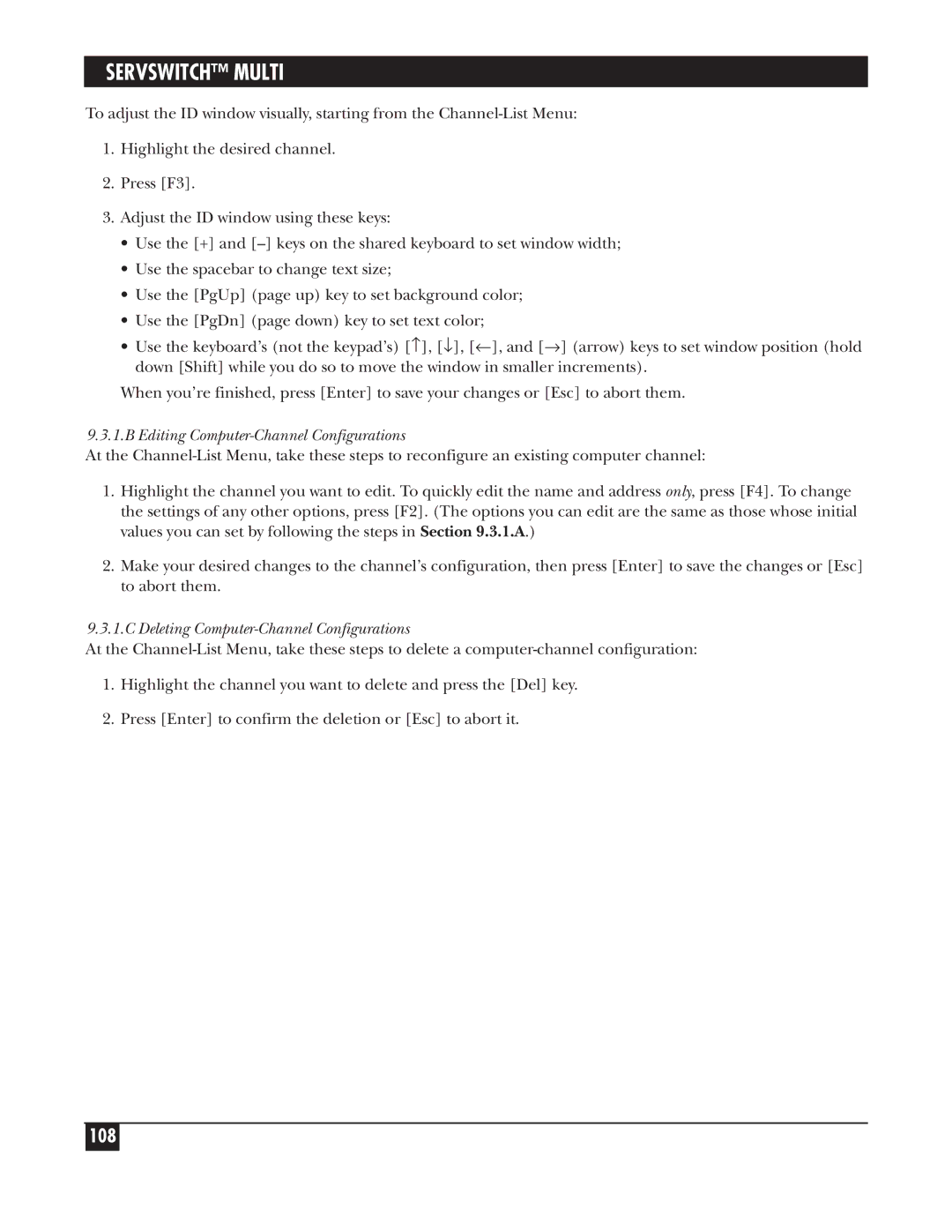 Black Box KV162A manual Editing Computer-Channel Configurations, Deleting Computer-Channel Configurations 