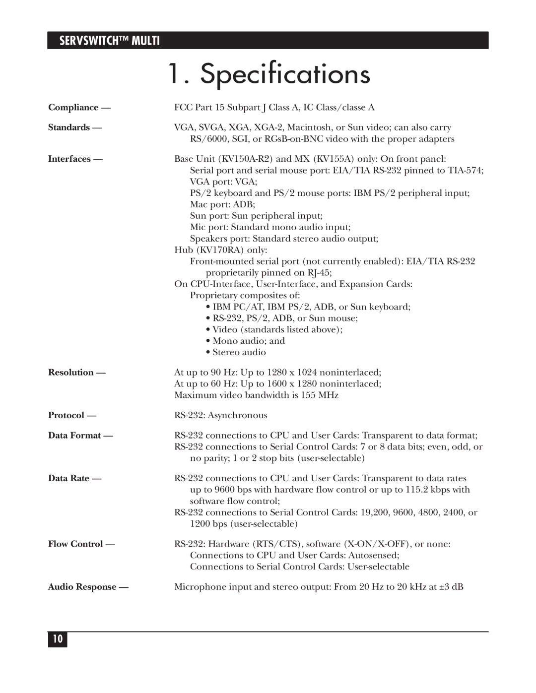 Black Box KV162A manual Specifications, Standards 