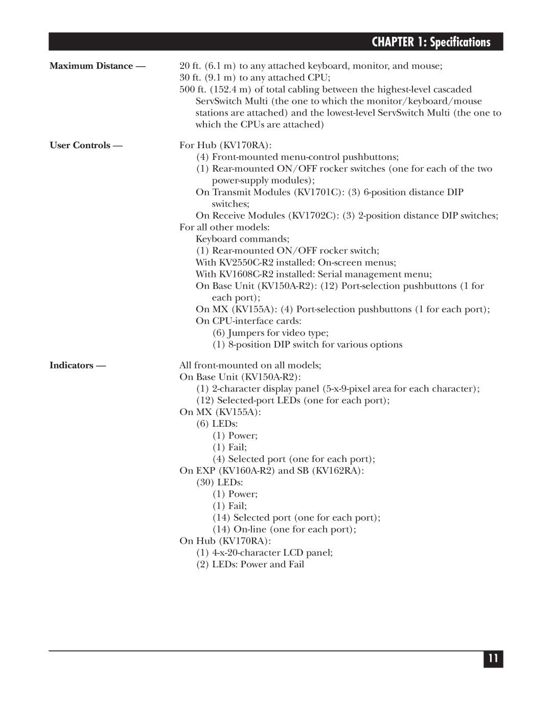 Black Box KV162A manual Specifications 