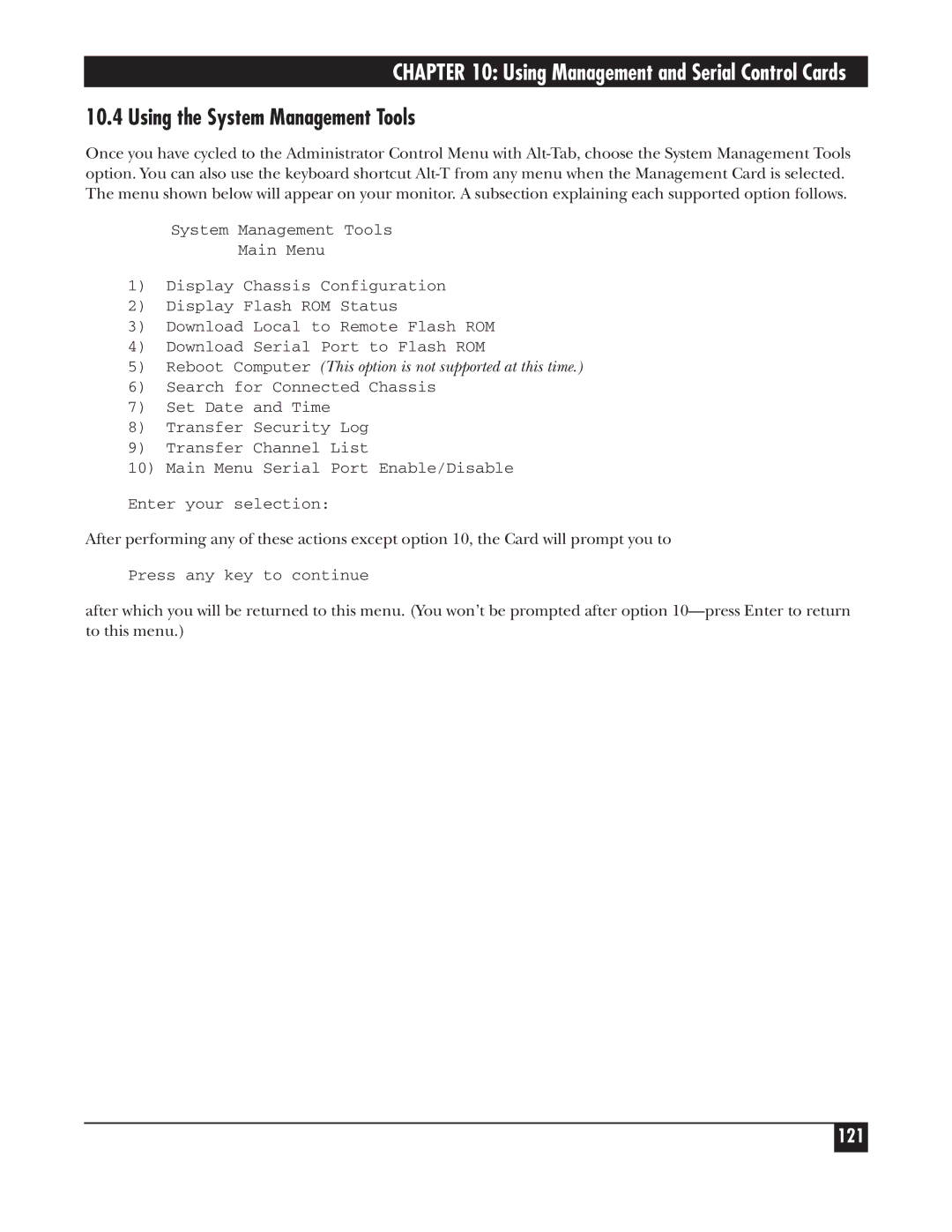 Black Box KV162A manual Using the System Management Tools, Reboot Computer This option is not supported at this time 