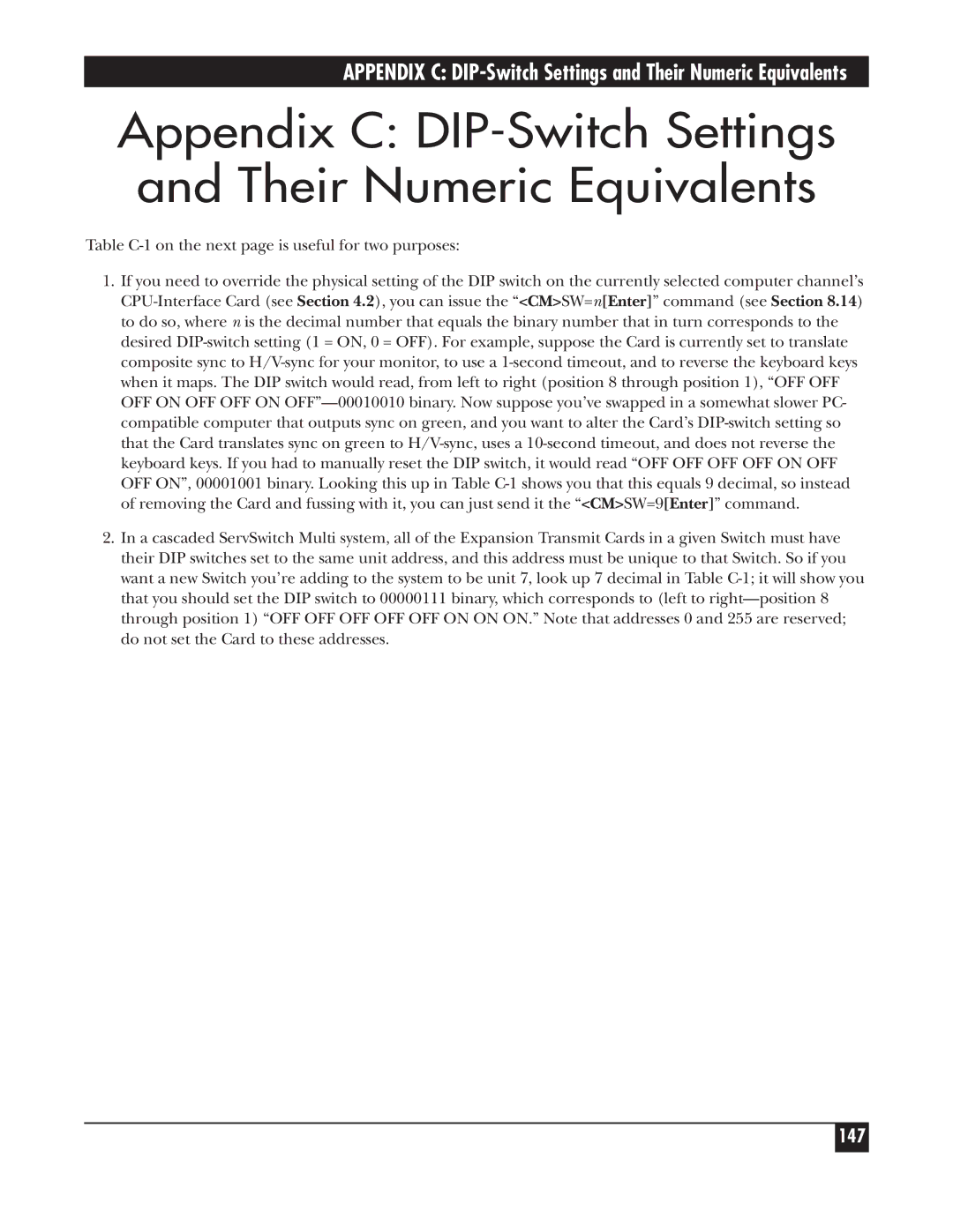 Black Box KV162A manual Appendix C DIP-Switch Settings and Their Numeric Equivalents 