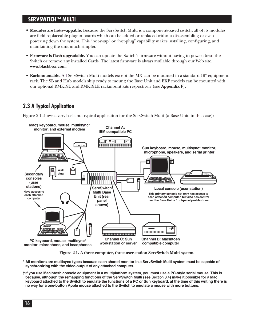 Black Box KV162A manual Typical Application, A three-computer, three-user-station ServSwitch Multi system 