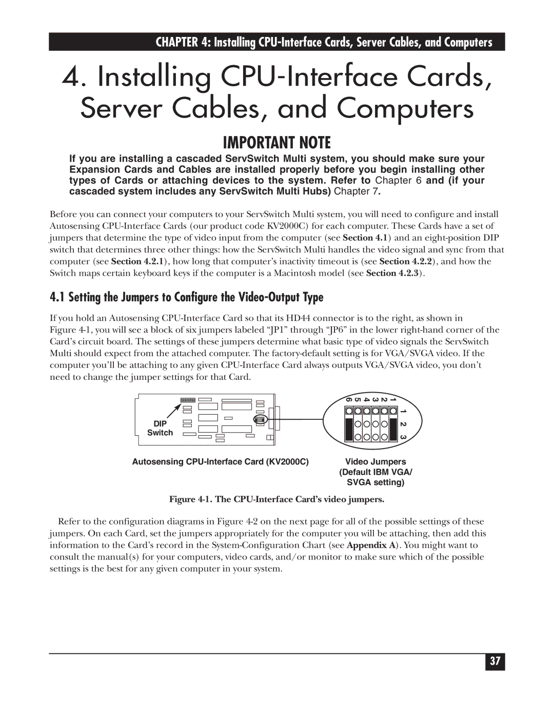 Black Box KV162A manual Setting the Jumpers to Configure the Video-Output Type, CPU-Interface Card’s video jumpers 