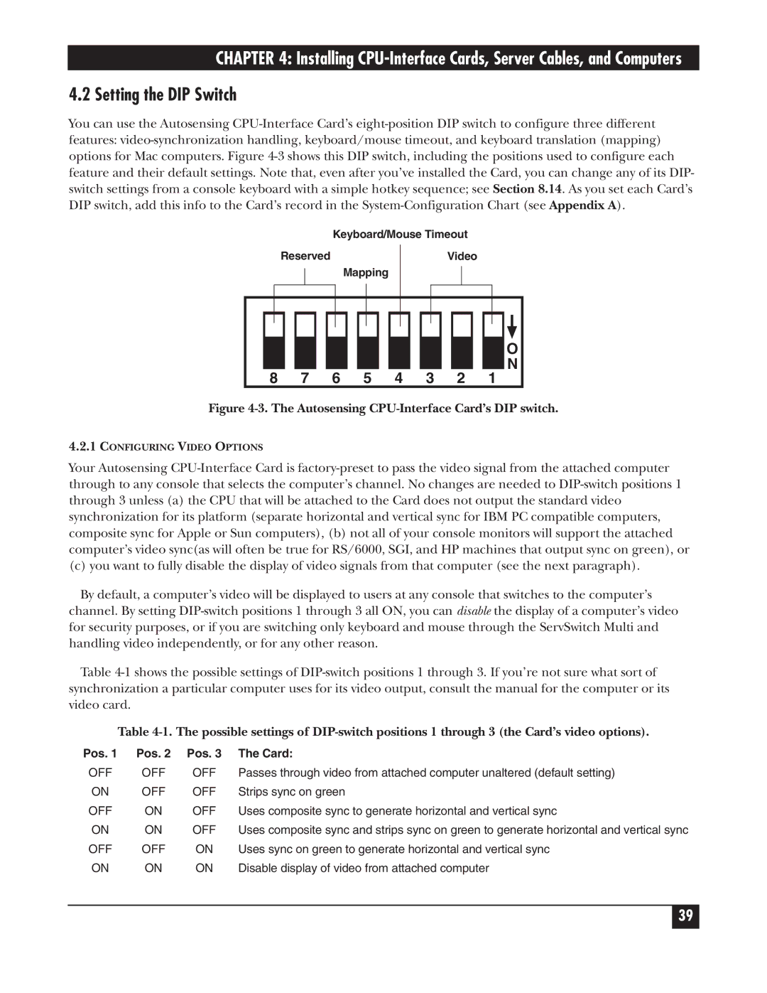 Black Box KV162A manual Setting the DIP Switch, Autosensing CPU-Interface Card’s DIP switch 