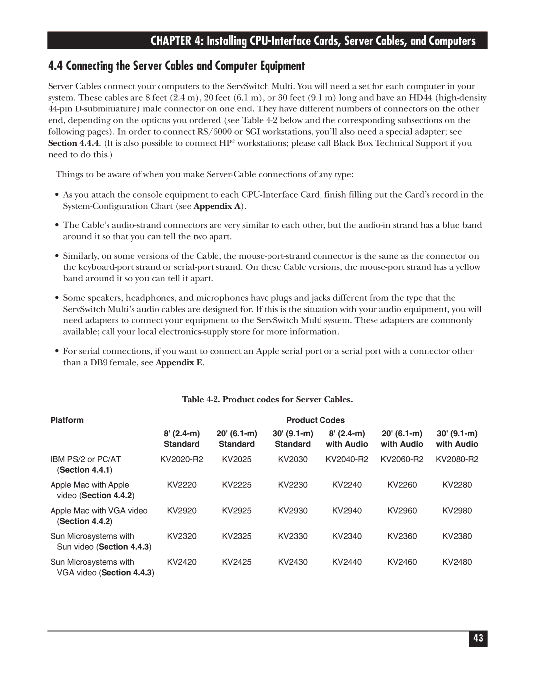 Black Box KV162A manual Connecting the Server Cables and Computer Equipment, Product codes for Server Cables 