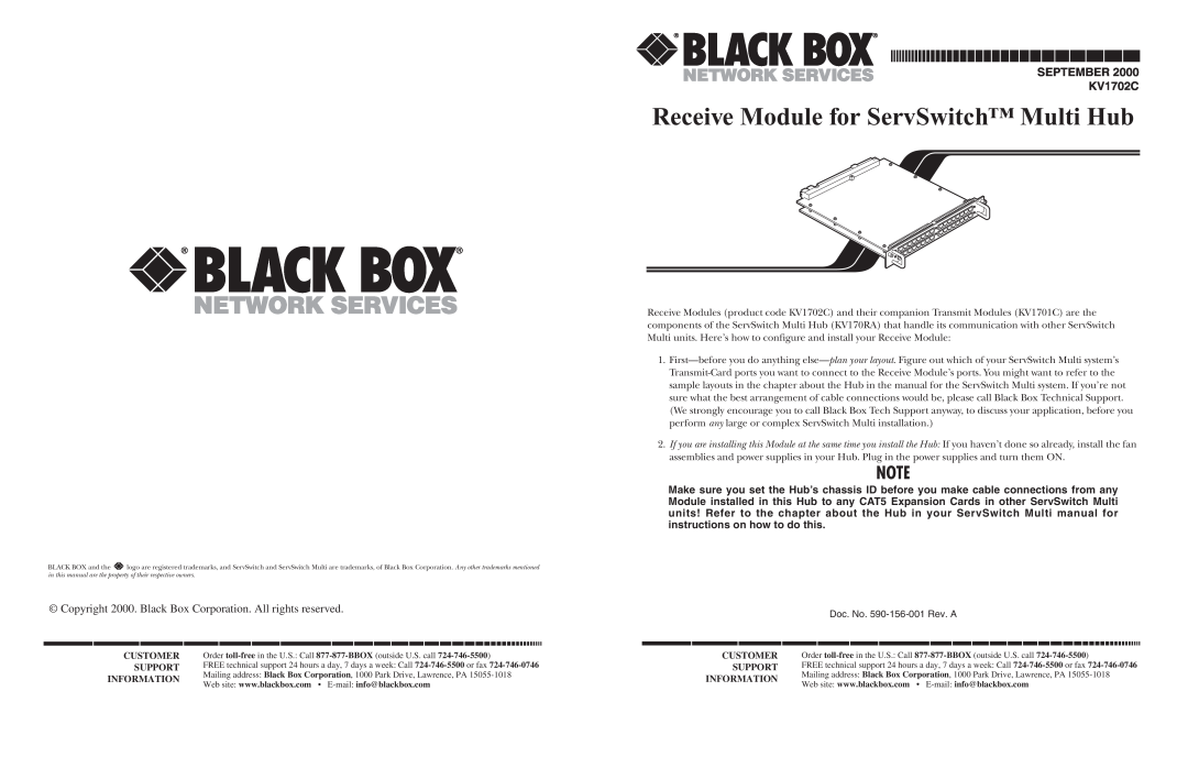 Black Box manual Receive Module for ServSwitch Multi Hub, SEPTEMBER KV1702C 