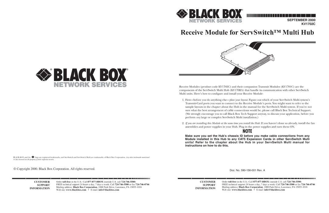 Black Box KV1702C manual Receive Module for ServSwitch Multi Hub 