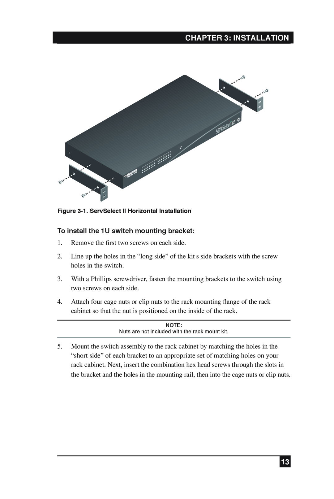 Black Box KV2016A, KV2016E manual Installation, To install the 1U switch mounting bracket 