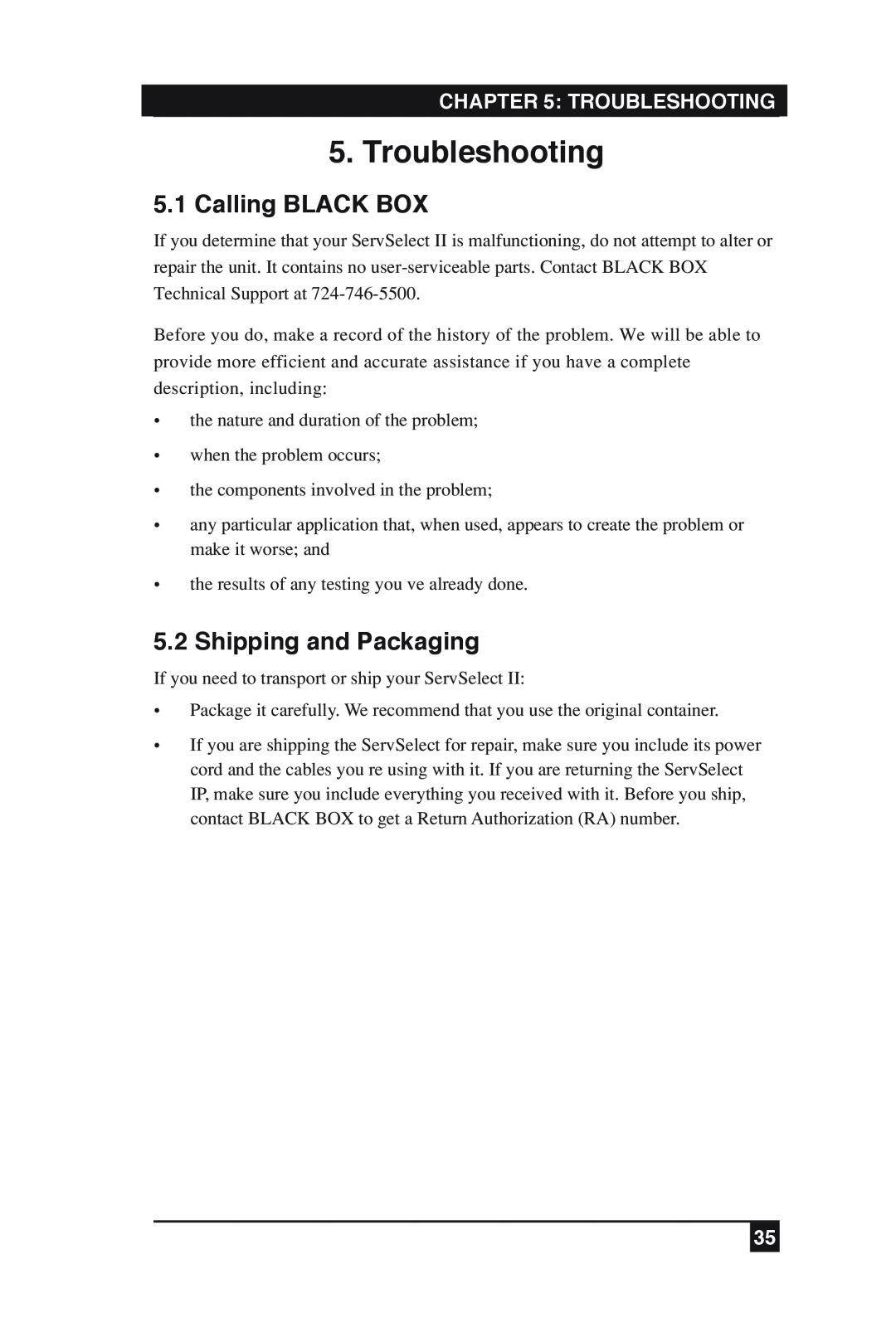 Black Box KV2016A, KV2016E manual Troubleshooting, Calling BLACK BOX, Shipping and Packaging 