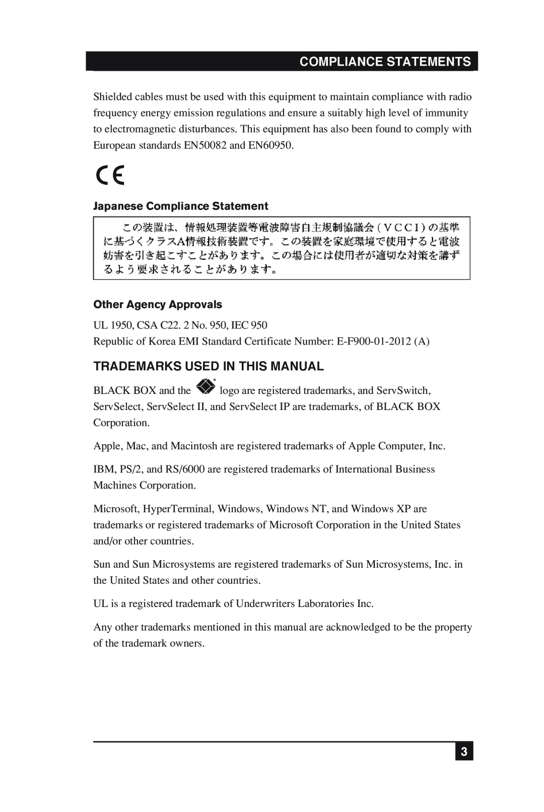 Black Box KV2016A, KV2016E manual Compliance Statements, Trademarks Used In This Manual 