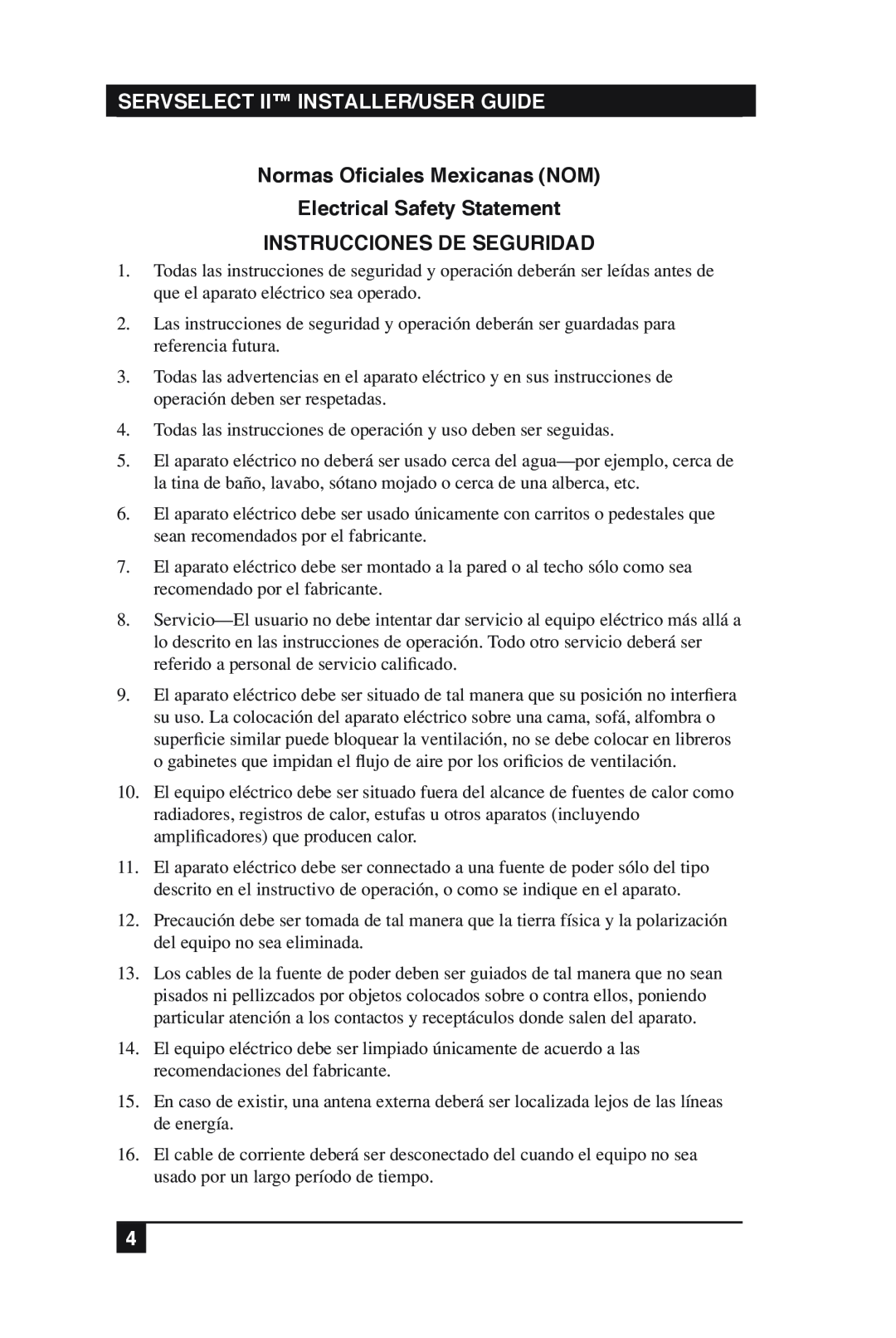 Black Box KV2016E, KV2016A manual Normas Oficiales Mexicanas NOM Electrical Safety Statement, Instrucciones De Seguridad 