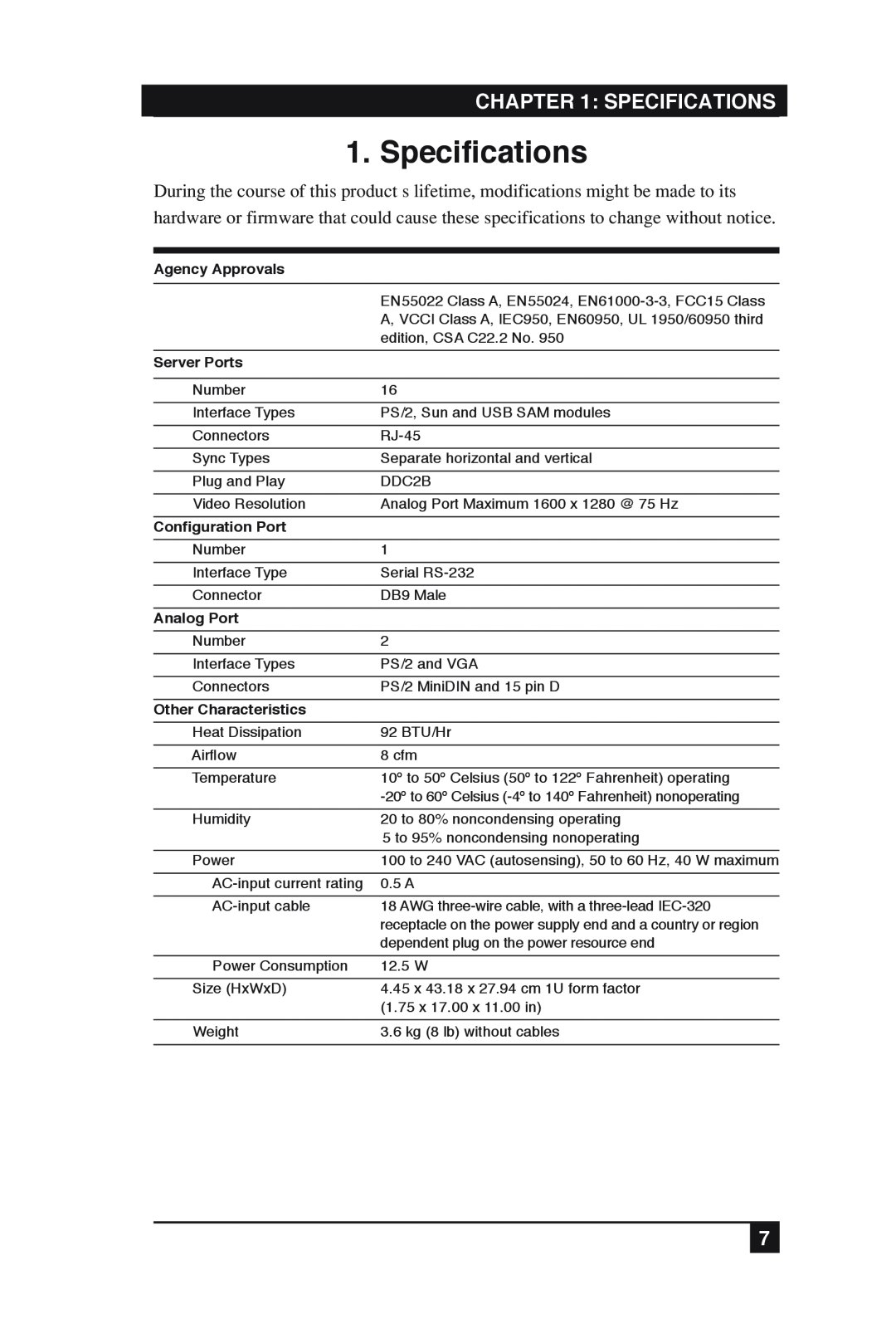Black Box KV2016A, KV2016E manual Specifications 