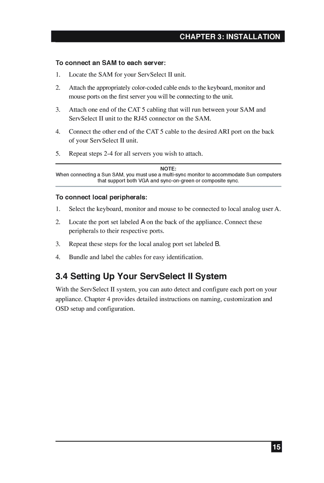 Black Box KV2016A Setting Up Your ServSelect II System, To connect an SAM to each server, To connect local peripherals 