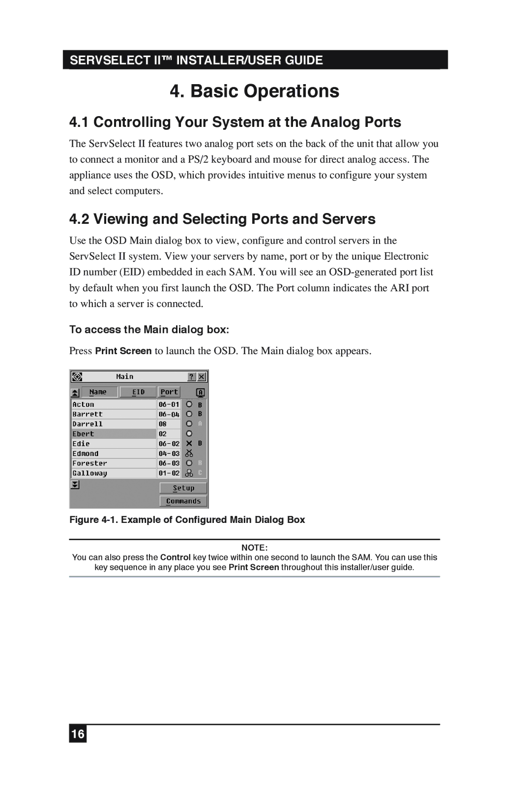 Black Box KV2016E Basic Operations, Controlling Your System at the Analog Ports, Viewing and Selecting Ports and Servers 