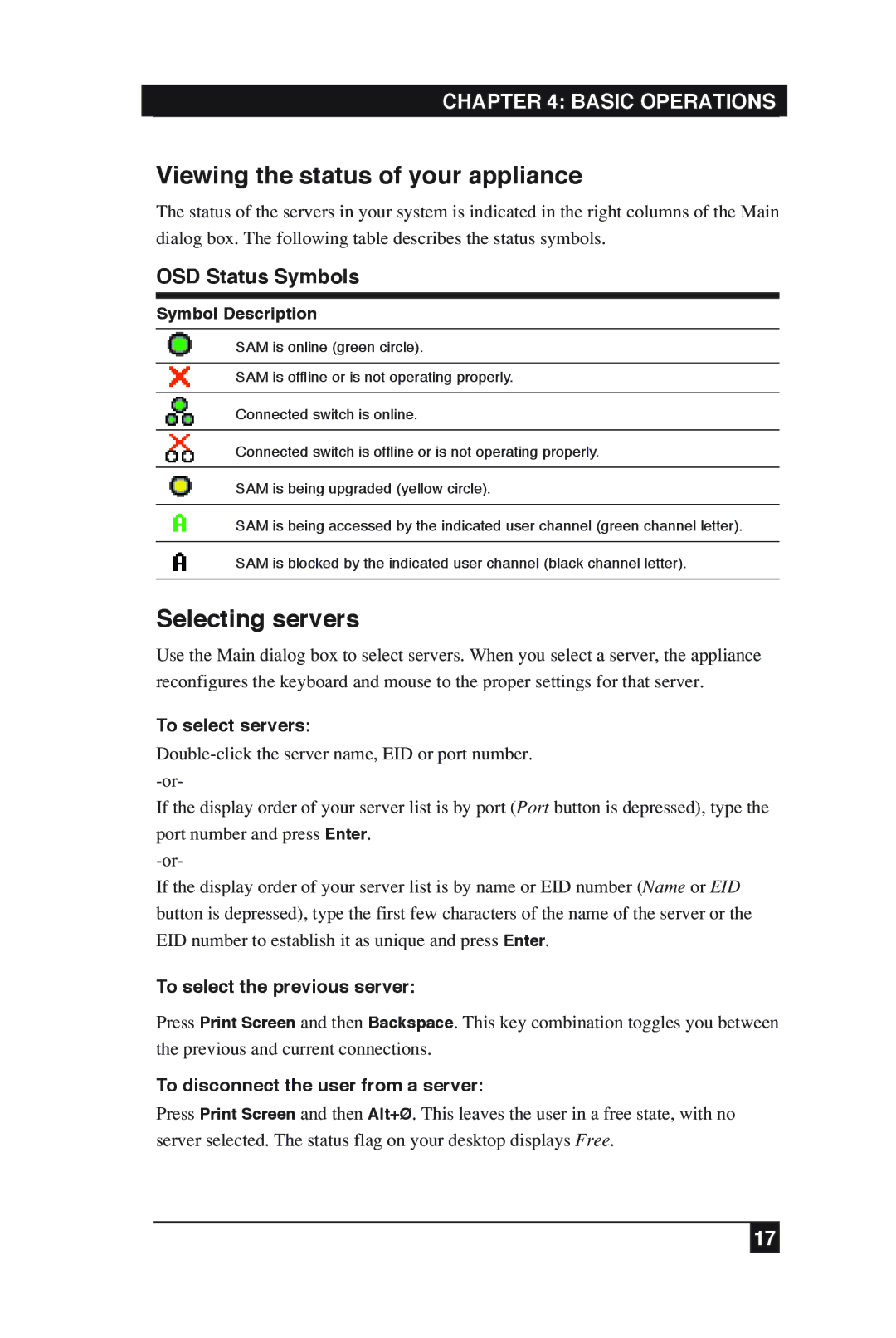 Black Box KV2016A, KV2016E Viewing the status of your appliance, Selecting servers, Basic Operations, OSD Status Symbols 