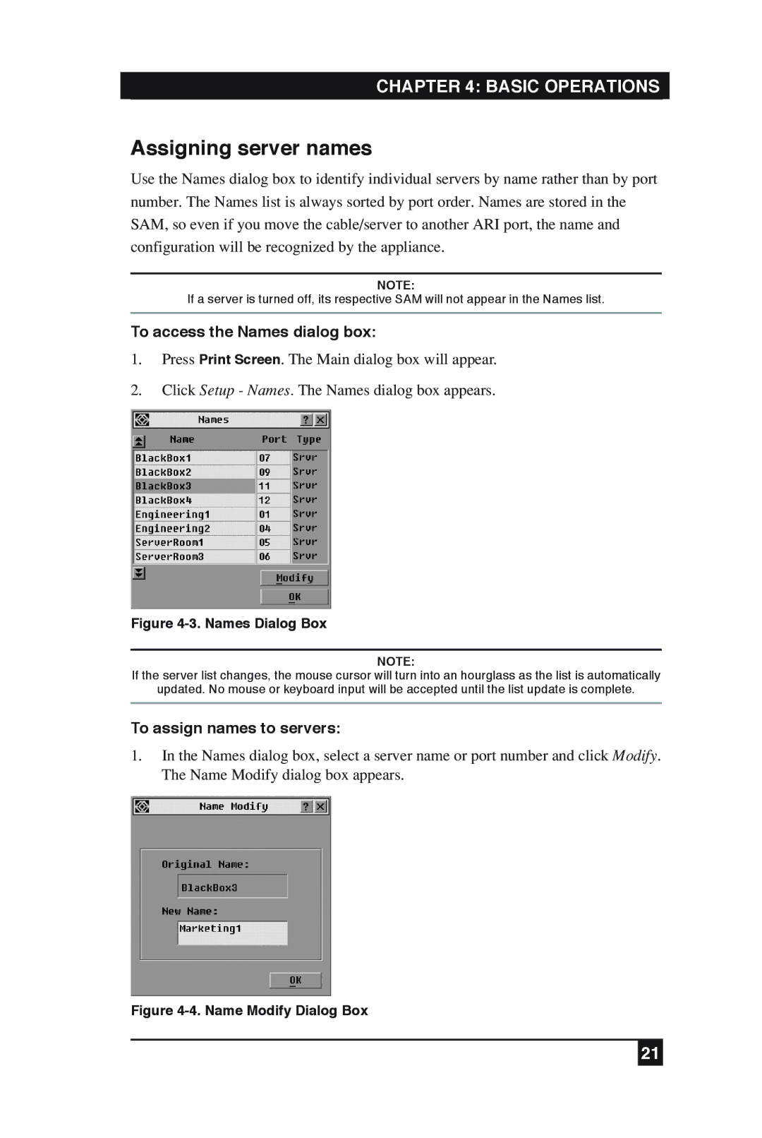 Black Box KV2016A, KV2016E manual Assigning server names, To access the Names dialog box, To assign names to servers 