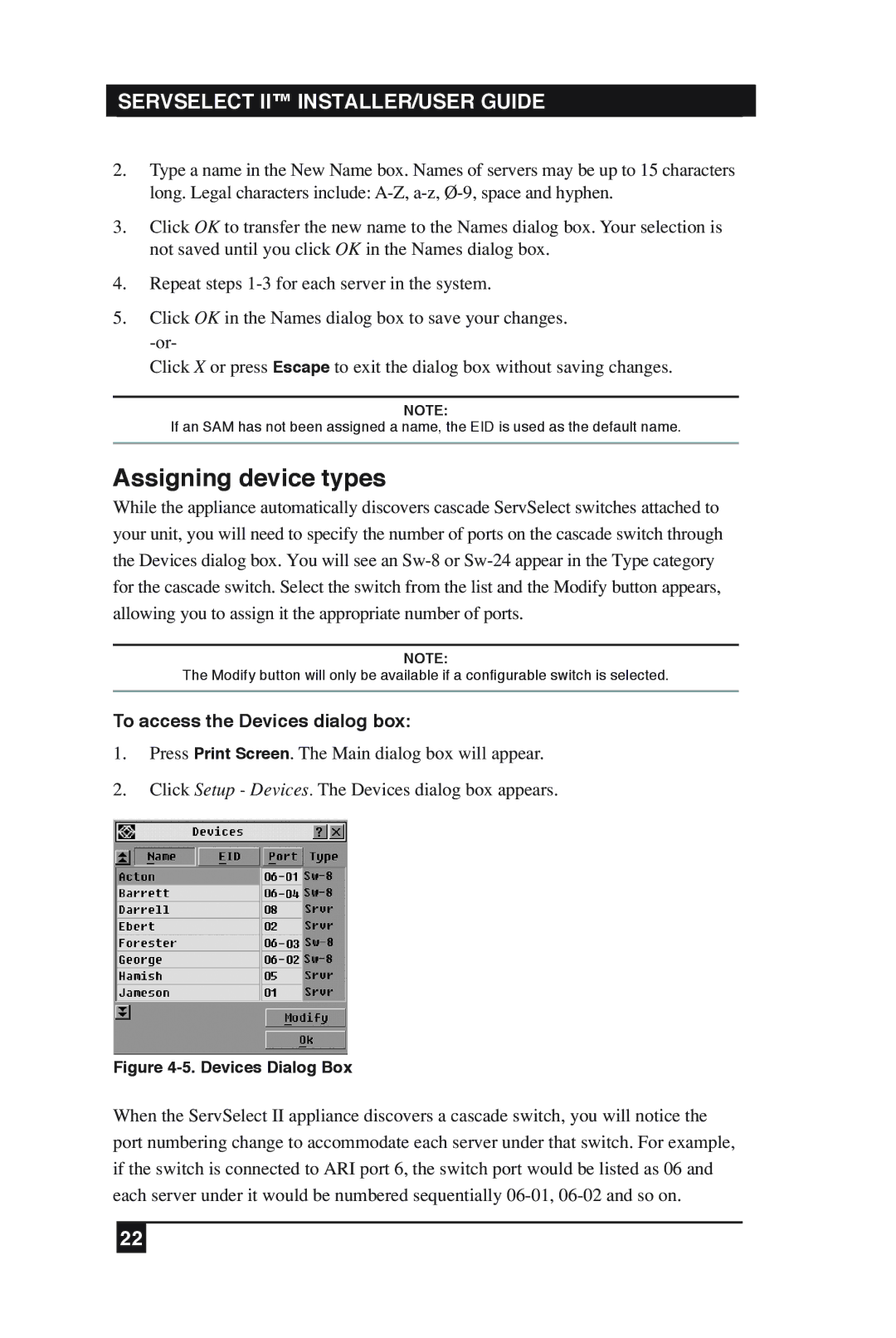 Black Box KV2016E, KV2016A manual Assigning device types, To access the Devices dialog box 