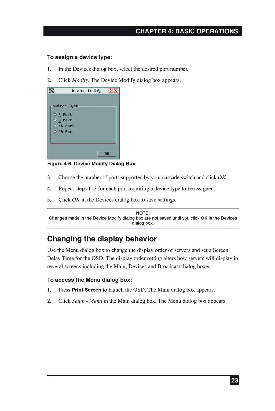 Black Box KV2016A, KV2016E manual Changing the display behavior, To assign a device type, To access the Menu dialog box 