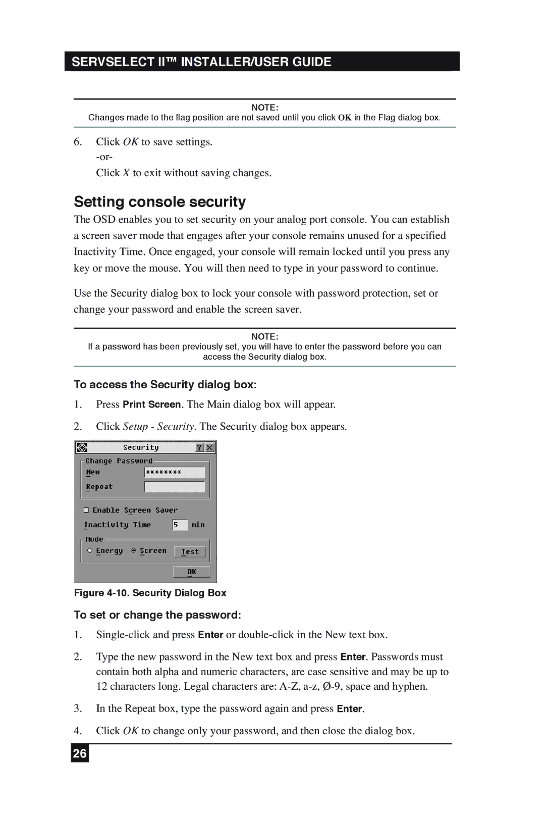 Black Box KV2016E, KV2016A manual Setting console security, To access the Security dialog box, To set or change the password 