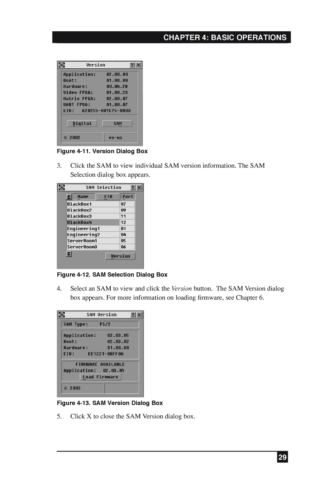 Black Box KV2016A, KV2016E manual Click X to close the SAM Version dialog box 