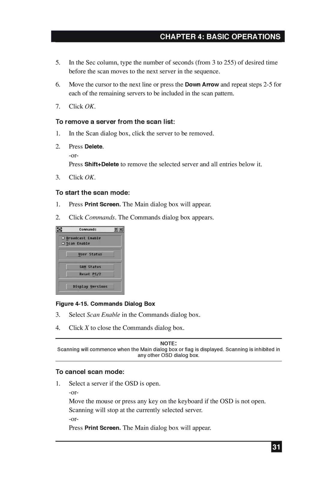 Black Box KV2016A, KV2016E manual To remove a server from the scan list, To start the scan mode, To cancel scan mode 