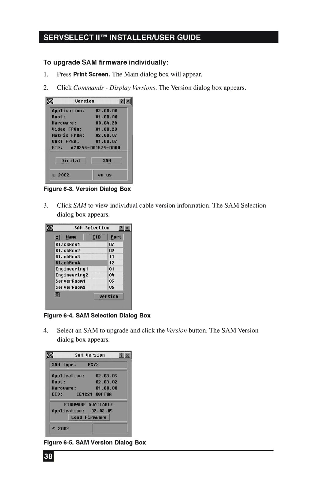 Black Box KV2016E, KV2016A manual To upgrade SAM ﬁrmware individually, Version Dialog Box 