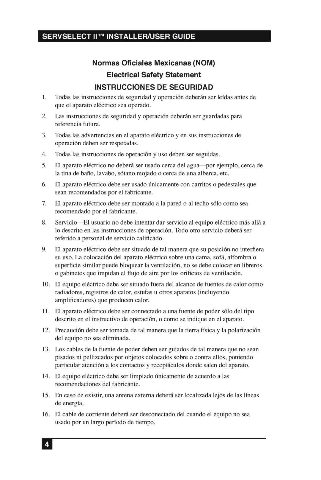 Black Box KV2016E, KV2016A manual Normas Oficiales Mexicanas NOM Electrical Safety Statement, Instrucciones DE Seguridad 