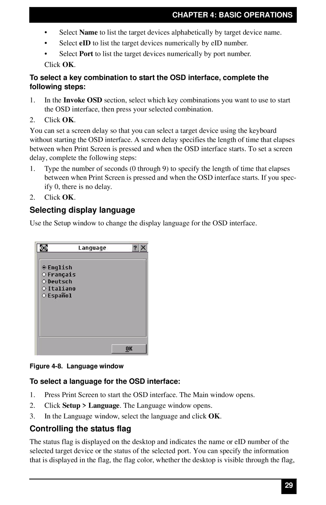 Black Box KV2116E Selecting display language, Controlling the status flag, To select a language for the OSD interface 