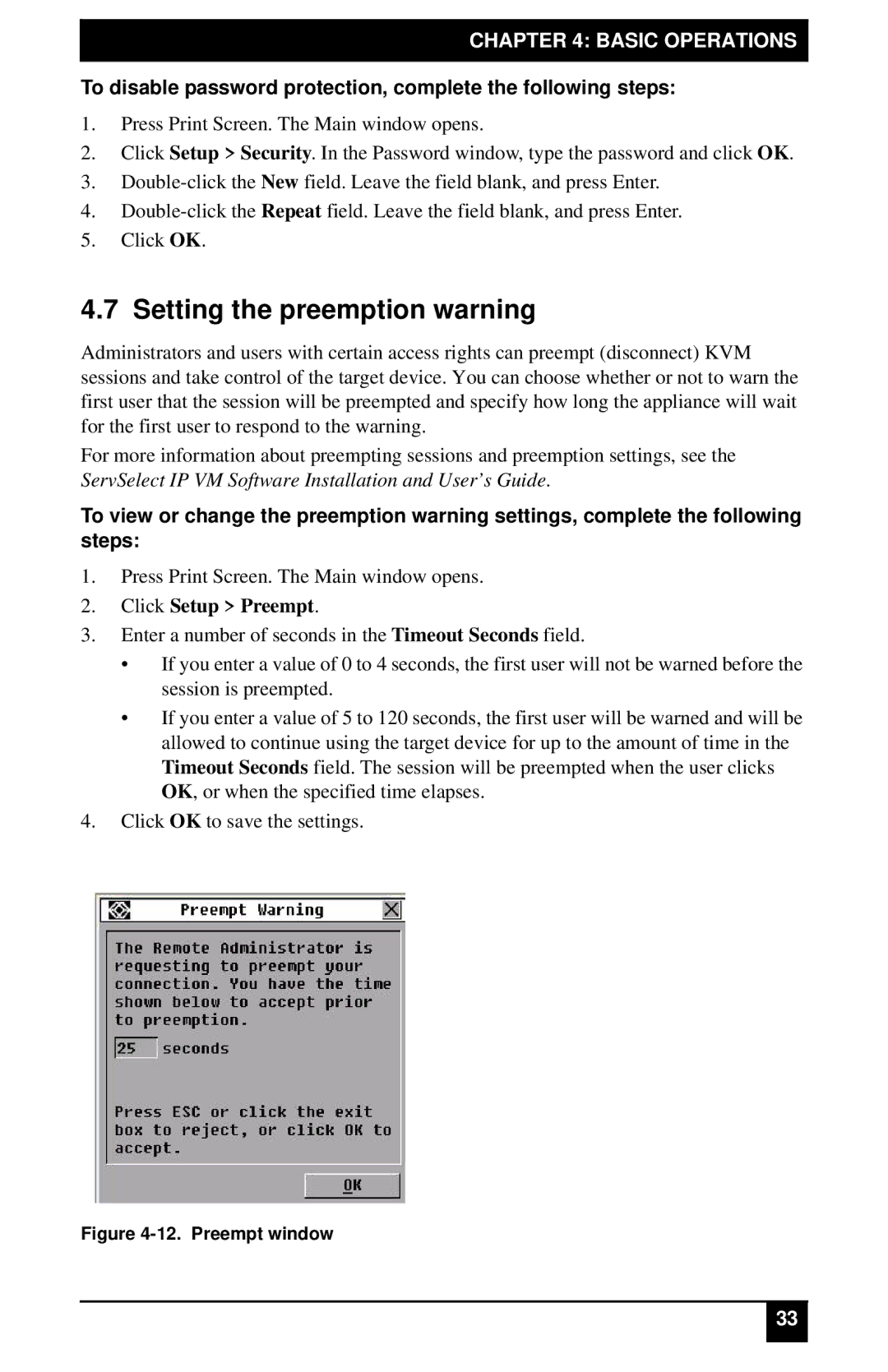 Black Box KV2116E, KV2116A, KV4116A, KV4116E manual Setting the preemption warning, Preempt window 