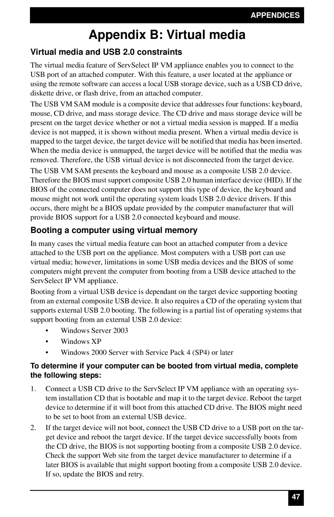 Black Box KV4116A Appendix B Virtual media, Virtual media and USB 2.0 constraints, Booting a computer using virtual memory 