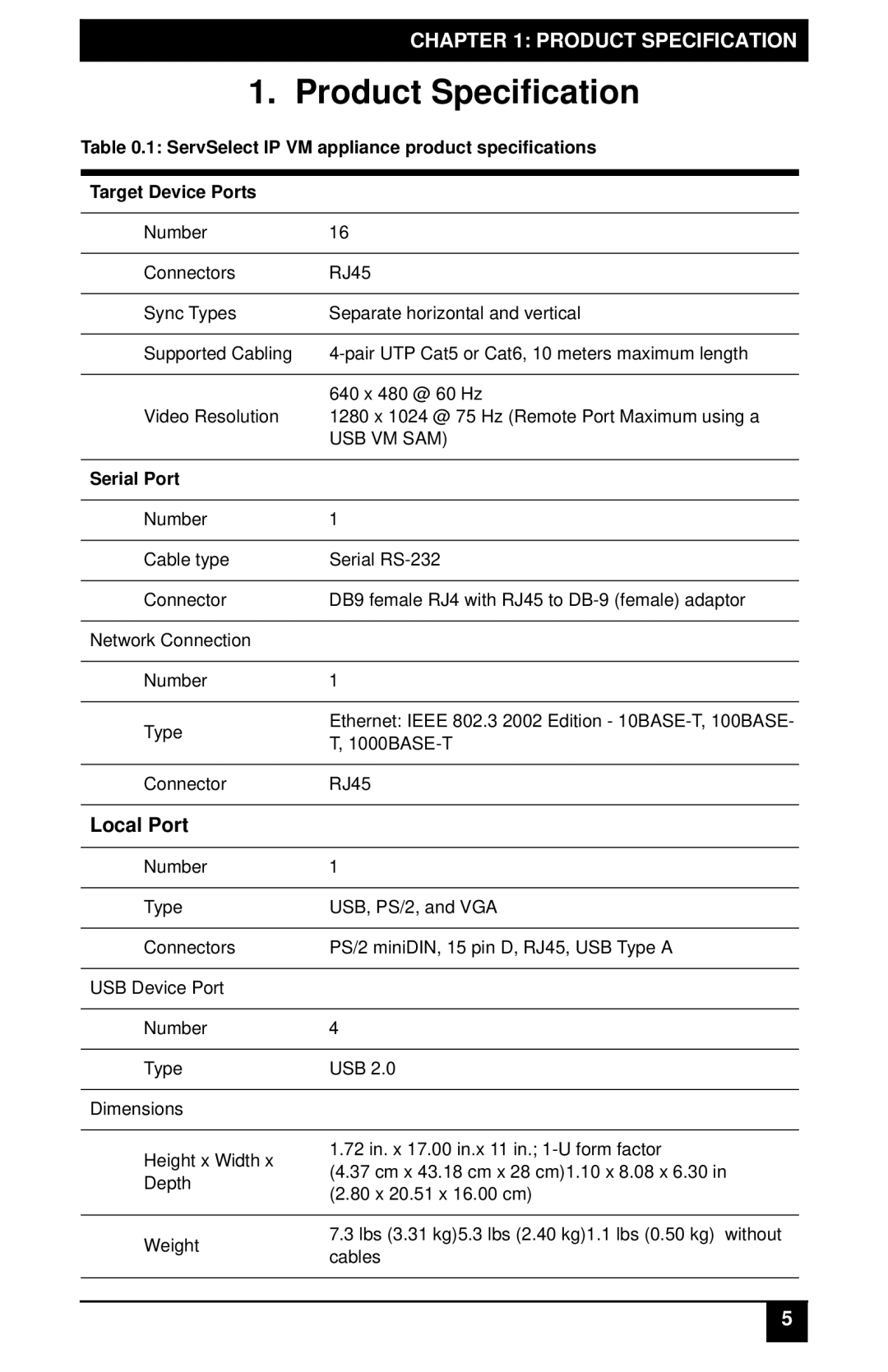 Black Box KV2116E, KV2116A, KV4116A, KV4116E manual Product Specification, Local Port, Serial Port 