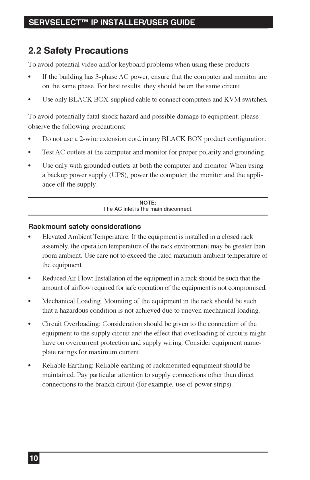 Black Box KV212E, KV120E, KV120A manual Safety Precautions, Rackmount safety considerations 