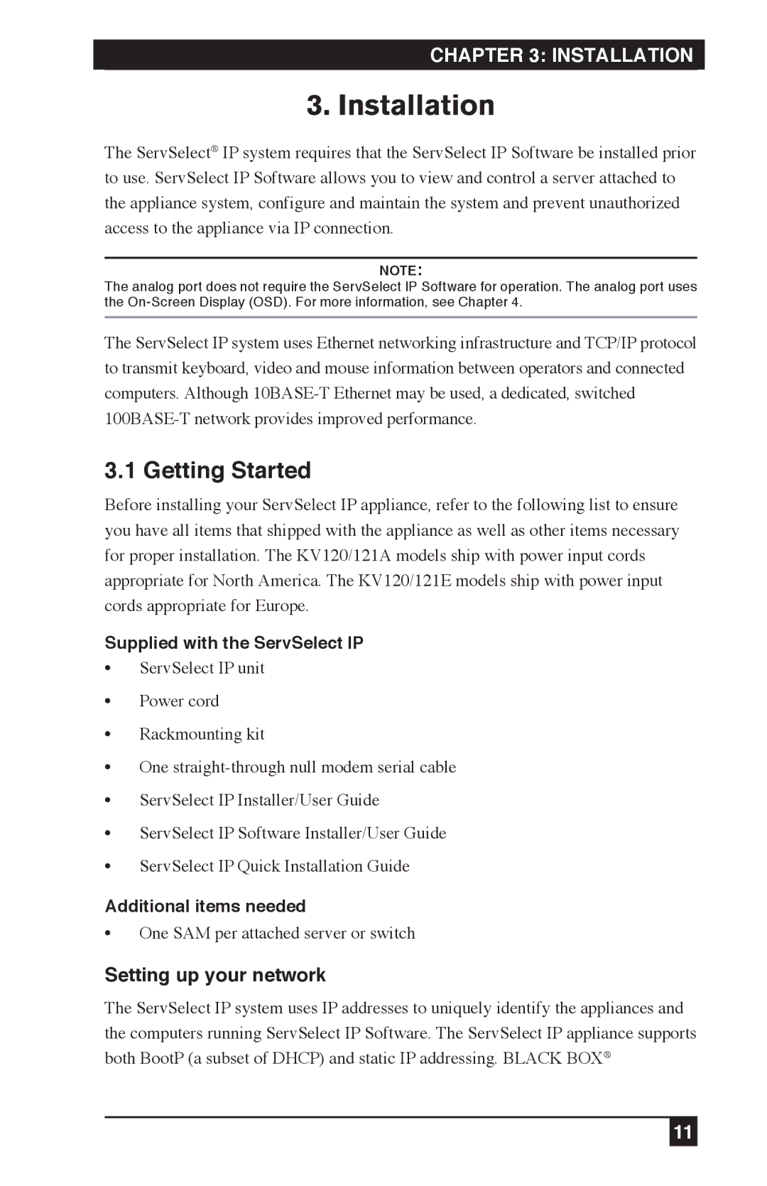 Black Box KV120E, KV212E, KV120A Installation, Getting Started, Setting up your network, Supplied with the ServSelect IP 