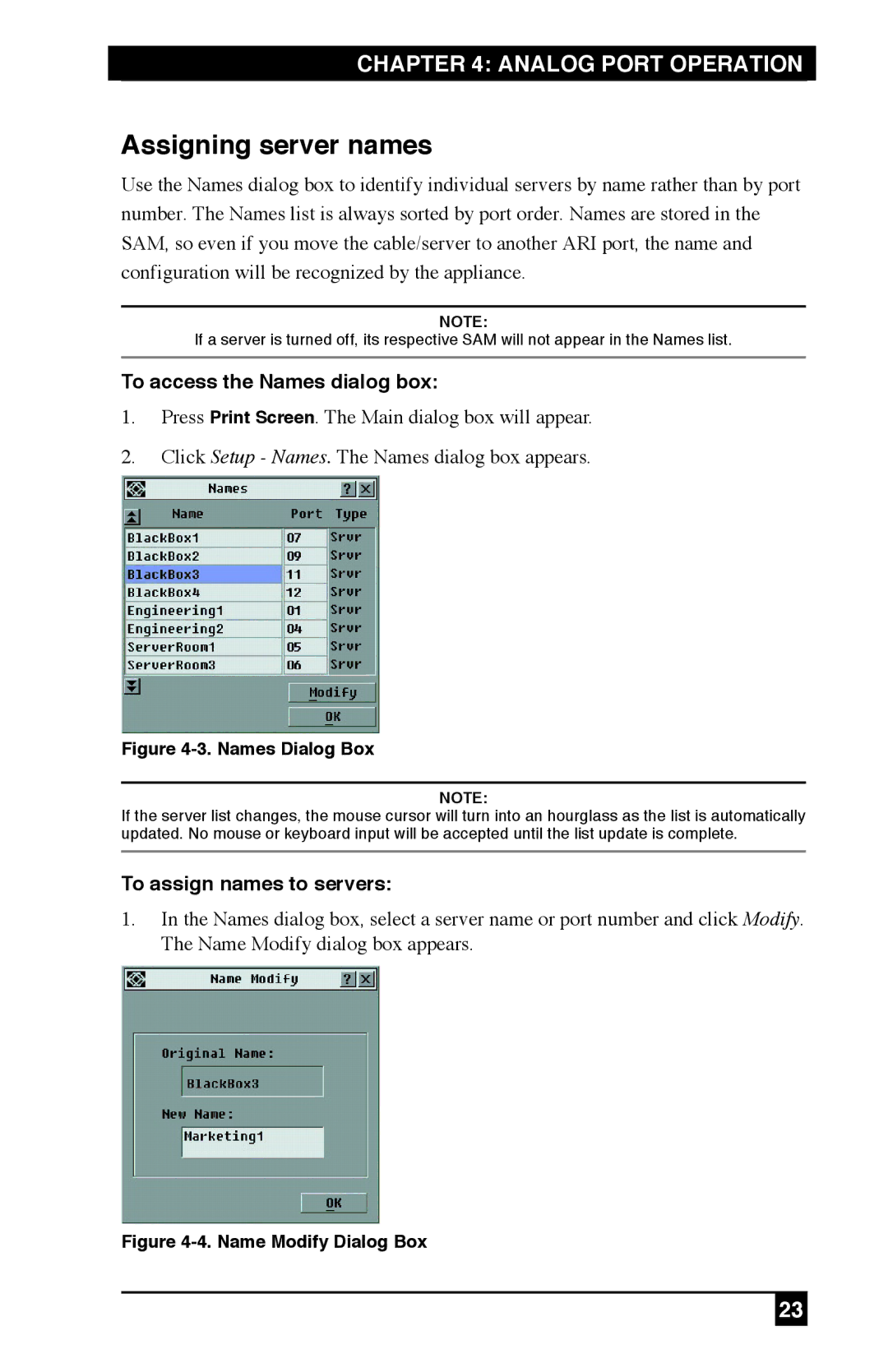 Black Box KV120E, KV212E, KV120A manual Assigning server names, To access the Names dialog box, To assign names to servers 