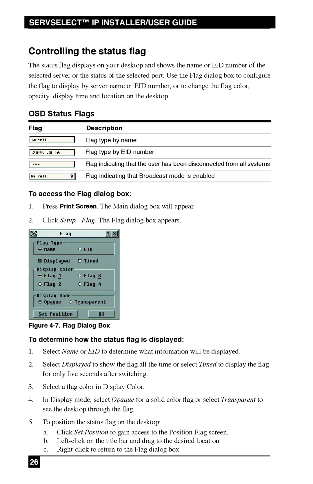 Black Box KV120E Controlling the status flag, To access the Flag dialog box, To determine how the status flag is displayed 