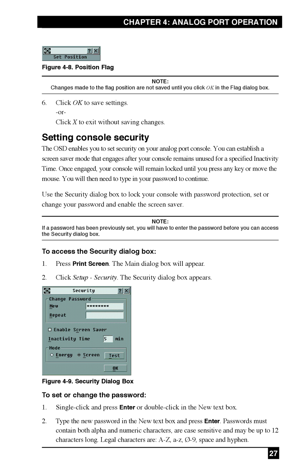 Black Box KV120A, KV212E, KV120E Setting console security, To access the Security dialog box, To set or change the password 