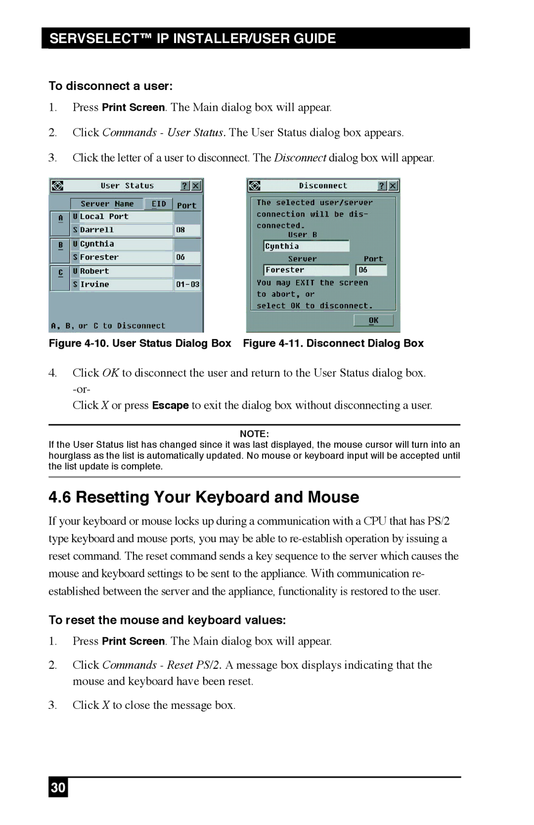 Black Box KV120A, KV212E Resetting Your Keyboard and Mouse, To disconnect a user, To reset the mouse and keyboard values 