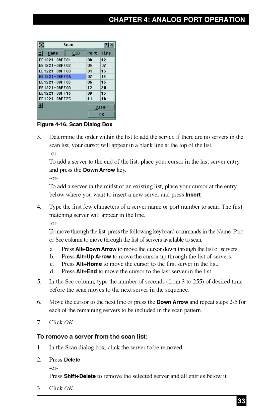 Black Box KV120A, KV212E, KV120E manual To remove a server from the scan list, Scan Dialog Box 