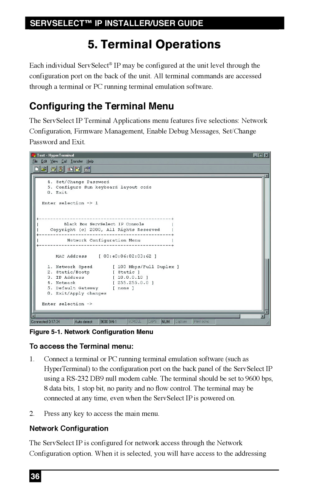 Black Box KV120A Terminal Operations, Configuring the Terminal Menu, To access the Terminal menu, Network Configuration 