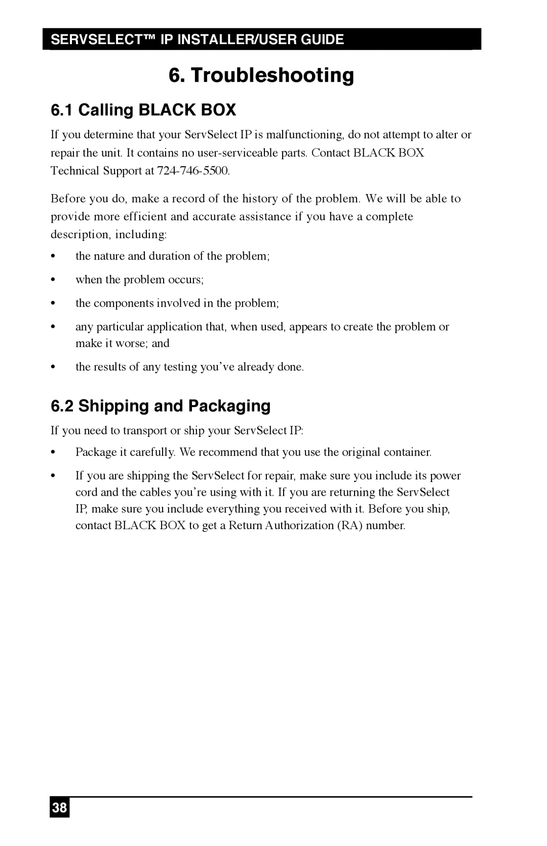 Black Box KV120E, KV212E, KV120A manual Troubleshooting, Calling Black BOX, Shipping and Packaging 