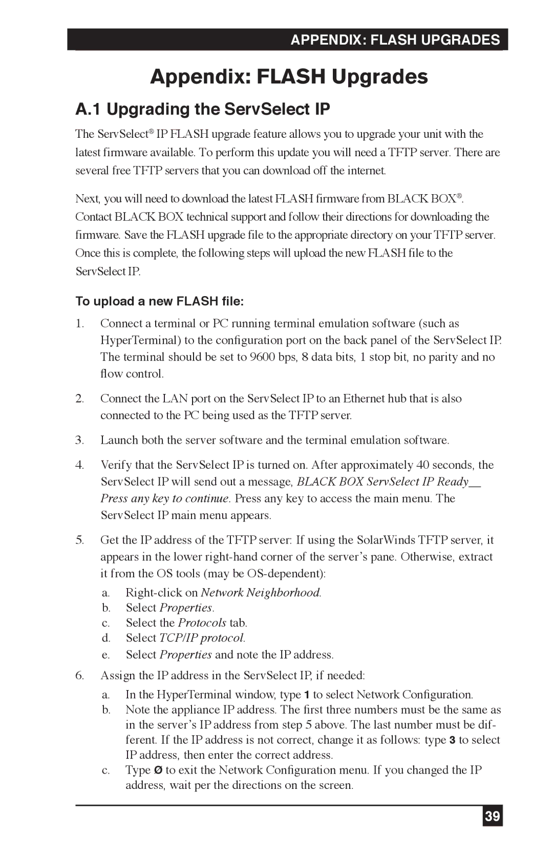 Black Box KV120A, KV212E, KV120E manual Appendix Flash Upgrades, Upgrading the ServSelect IP, To upload a new Flash file 